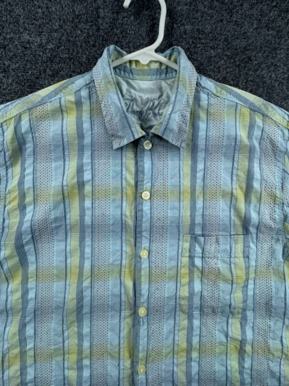 Tommy Bahama Blue Yellow Striped All Silk Large Short Sleeve Vacation Beach Mens